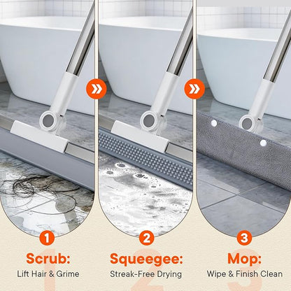 Floor Squeegee Broom, 2 in 1 Magic Broom with Rubber Scrubbing Teeth and Long Handle, Shower Floor Squeegee for Bathroom, Kitchen, Tile, Concrete, Garage, Pet Hair and Water