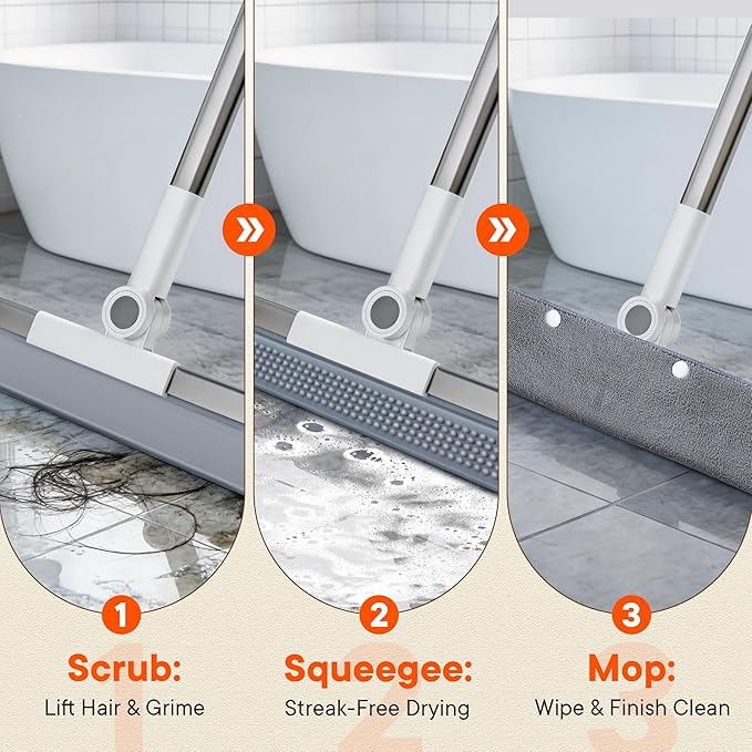 Floor Squeegee Broom with Long Handle, 2 in 1 Rubber Broom with Scrubbing Teeth for Water Removal, Shower, Bathroom, Kitchen, Tile, Concrete, Garage and Pet Hair