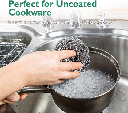COOLJOB 12 Pack Stainless Steel Scrubber Sponges, Heavy Duty Tough Metal Scouring Pads for Dishes, Pans, Pots, Ovens, Uncoated Cookware, Powerful to Clean Grease Dirt Oil or Rust (Sliver, 25 Grams)