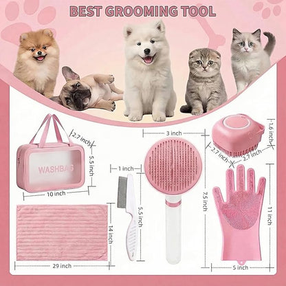 6PCS Dog Bath Kit & Dog Brush Kit for Dogs & Cats - Professional Pet Grooming Tools Set with Shedding Brush, Bath Scrubber, Dematting Comb & Storage Bag - Complete Dog Washing Essentials, Pink