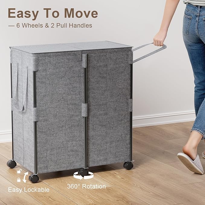 140L Double Laundry Hamper with Lid and 6 Wheels, Rolling Laundry Basket with 2 Removable Bags, Heavy Duty Metal Frame Clothes Cart, 2-Section Laundry Sorter for Bedroom, Bathroom (Grey)