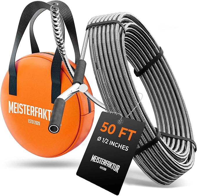 Meisterfaktur drain snake 3.0 [50 FT] - extremely long - Ideal plumbing snake for heavy & deep blockages - The drain auger for real do-it-yourselfers! (50 FT - 1/2 inch)