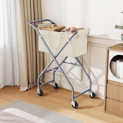 No-Bend Laundry Cart- Rolling Hamper with Locking Wheels & Handle, Foldable Basket Screw-Free Assembly, Durable Metal Frame & Removable Liner Bag for Bedroom & Bathroom (Beige)
