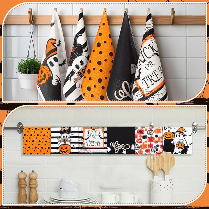 Mindsoft 36 Pcs Halloween Reusable Paper Towels Rolls Washable Bulk Halloween Boo Ghost Pumpkin Kitchen Dish Towels Paperless Reusable Cloth Cotton Napkins with Cardboard for Kitchen Bathroom