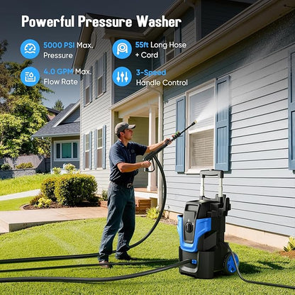 5000PSI Heavy Duty Pressure Washer, 3-Speed Adjustable Power Washer with 2-Stage Pull Rod, 4 Nozzles, Foam Cannon & 500ml Soap Bottle for Car, Home & Outdoor Cleaning,Blue