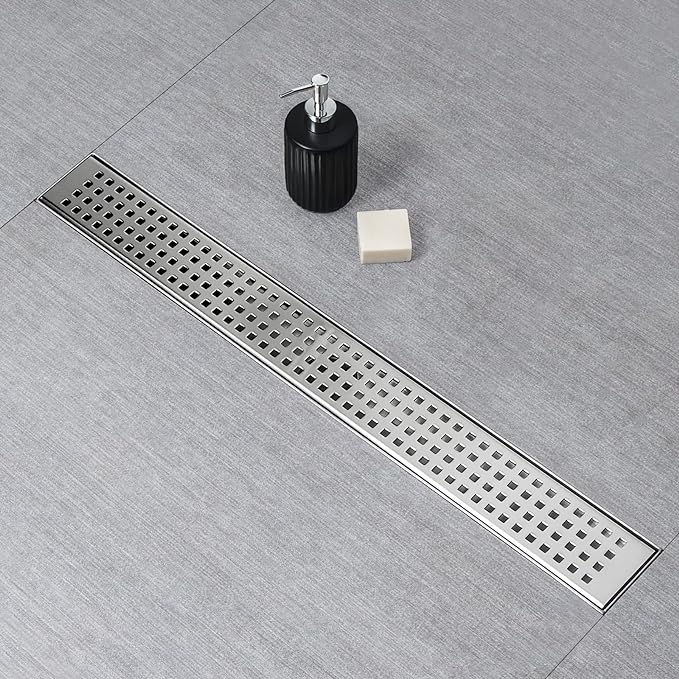 SaniteModar Shower Drain, 16 inch Linear Shower Drain with Removable Square Hole Panel, AISI 304 Stainless Steel Brushed Shower Floor Linear Drain with Adjustable Feet and Hair Strainer
