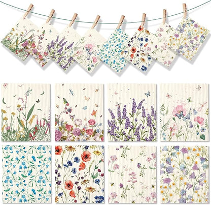 Vesici 8 Pieces Wildflowers Swedish Kitchen Dishcloths - Butterflies and Flowers Towels Set Absorbent Dish Cleaning Cloths Reusable Sponge Quick Drying Dishcloths for Home Kitchen Cleaning