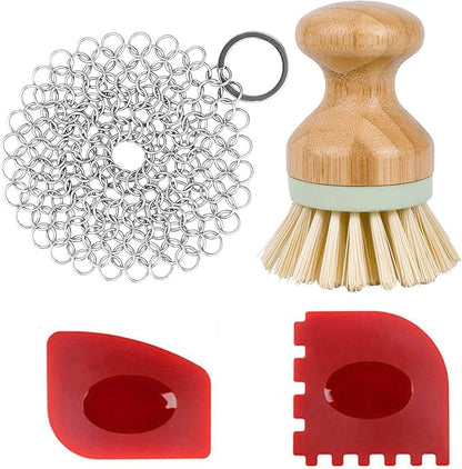 Cast Iron Cleaner kit, Pot Cleaning Brushes, Stainless Steel Chainmail Scrubber, Pan Scrapers, Kitchen Cleaning