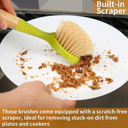 2 Pack Kitchen Dish Brush Bamboo Handle Dish Scrubber Built-in Scraper, Scrub Brush for Pans, Pots, Kitchen Sink Cleaning, Dishwashing and Cleaning Brushes are Perfect Cleaning Tools, Color-Green