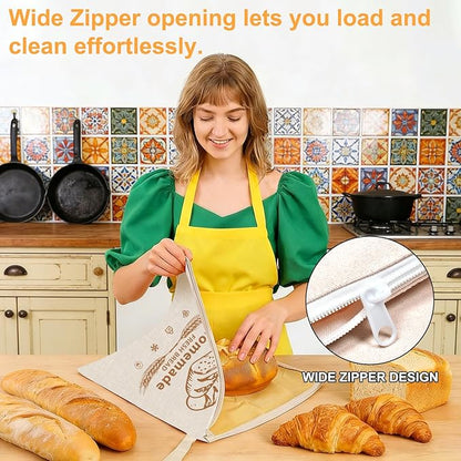 New Wide Zipper Beeswax Bread Bags for Sourdough, Reusable Bread Bags for Homemade Bread, Beeswax Lining Bread Bag for Keep Freshness, 2 Pack, 17x13 Inch