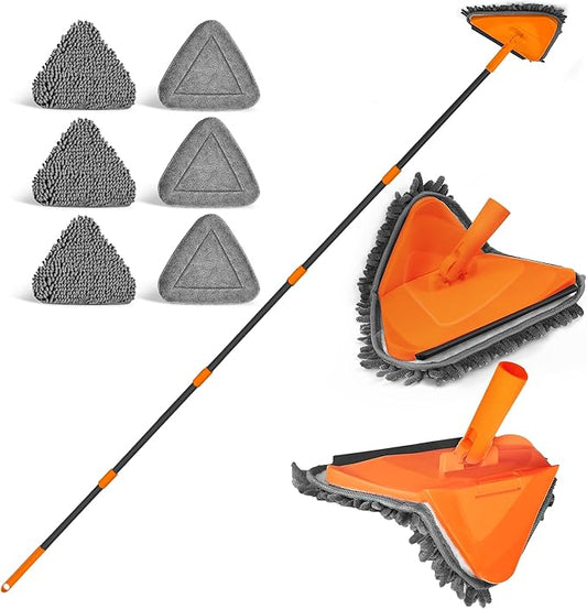 JEHONN Wall Mop with Long Handle 80 inches, Upgraded 180° Collapsible Baseboard Cleaner Tool with Squeegee, Ceiling Duster with 3 Microfiber and 3 Chenille Pads for Cleaning Window, Cabinet (Orange)
