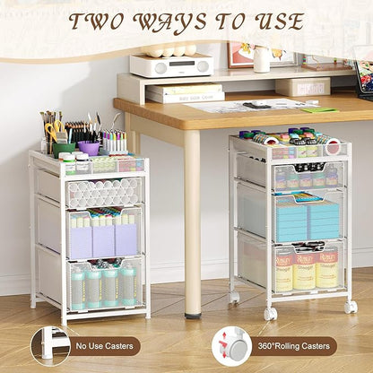 Rolling Utility Cart with 3 Drawers, Craft Organizer and Storage with DIY Divider, Lockable Wheels, Multi-Functional Storage for Art Supplies, Store for Brushes & Paints & Artifacts,White