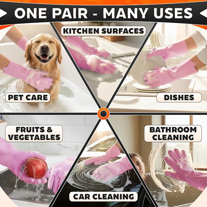 ALPENKOK Silicone Dishwashing Gloves with Scrubber – Non-Slip Silicone Gloves wor Washing Dishes | Household Use
