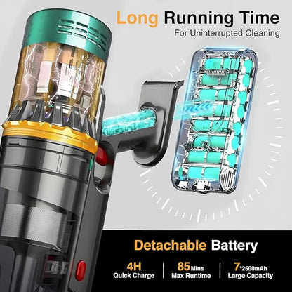 Cordless Vacuum Cleaners-48 KPa/580W with Upto 90Mins Runtime | Stick Vacuum Cleaner with 2 Hepa Filters-Wall Mounted-Touchscreen-Anti-Tangle Brush (UK Plug)