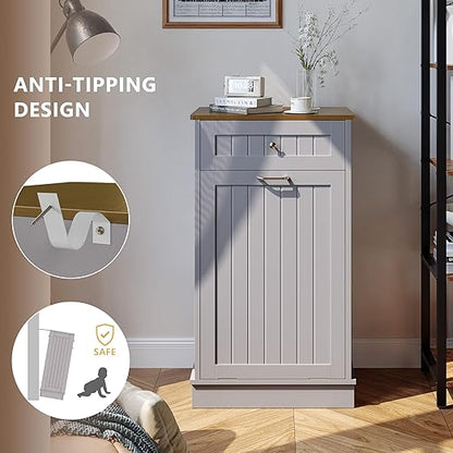 LOUVIXA Tilt Out Trash Can Cabinet, Hidden Trash Cabinet with Drawer, Wooden Dog Proof Trash Can Holder, Tilt Out Laundry Hamper, Garbage Can Holder (Gray)