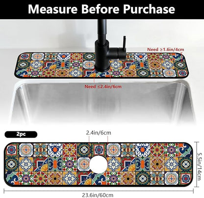 2 Pcs Kitchen Sink Splash Guard Faucet Mats Colored Bohemian Tiles Pattern Faucet Mat for Sinks Absorbing Drying Mat for Kitchen Bathroom, 23.6x5.5inch