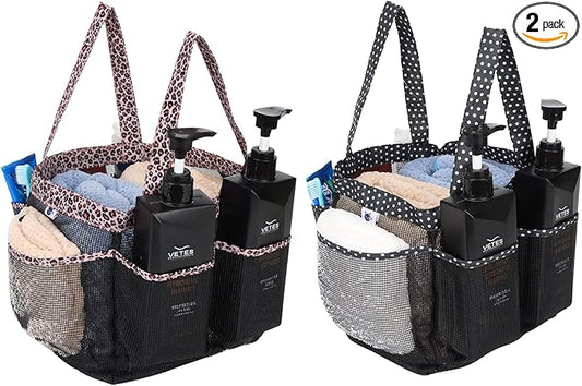 2 Pack Haundry Mesh Shower Caddy Tote Bag Hanging Portable Toiletry Bag College Dorm Essentials Quick Dry Bath Organizer for College Dorms, Gym, Camp for Bathroom Accessories(Leopard print)
