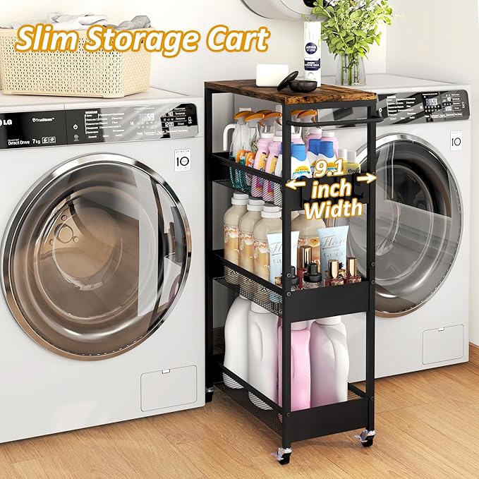 9.1" Wide Slim Rolling Utility Cart, 4 Tier Metal Narrow Storage Cart with Handle and Wood Top, Multifunctional Small Mobile Shelf Unit Organizer Trolley for Laundry, Bathroom, Kitchen