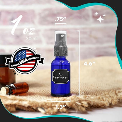 Nevlers Blue Glass Small Spray Bottle 1 Oz 48 Pack | Leakproof Glass Spray Bottles for Cleaning & More | Mini Spray Bottle Set w/Shrink Wrap, Funnel, Brush & Labels | Perfume Travel Refillable Bottles