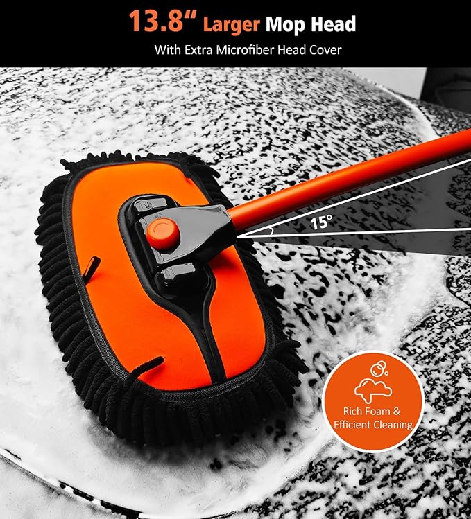 YeewayVeh Car Wash Brush Mop, 15° Curved Pole Car Wash Kit with 3 Chenille Brush Head Covers or RV Truck Camper Cleaning, Orange
