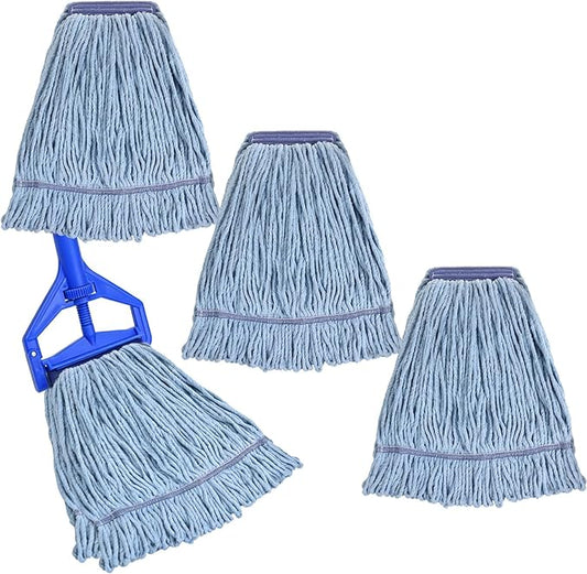 3 Pack Mop Head Replacement Commercial Heavy Duty Cotton Blue Mop Heads Replacement Reusable Looped End String Mop Refill for Industrial Residential Use