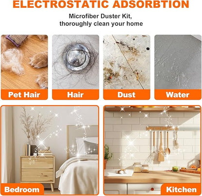 Telescopic Dusters for Cleaning | Duster with 100"Extension Pole | Flexible Cobweb Remover Duster Kit with 2 Washable Heads | Bendable Feather Duster for High Ceilings,Fans & Hard-to-Reach Areas,5PCS
