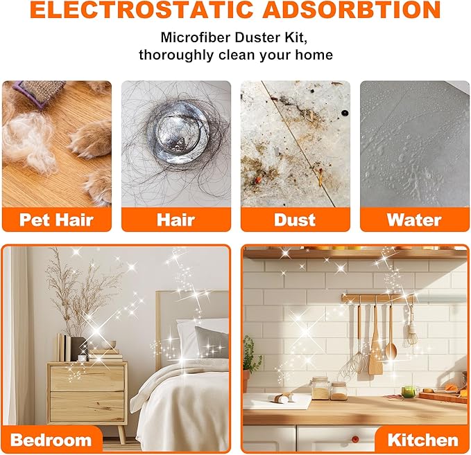 Professional Microfibre Dusters for Cleaning | Duster with Extension 100" | Cobweb Remover Duster Kit with 2 Washable Heads | Bendable Feather Duster for High Ceilings,Fans & Hard-to-Reach Areas,6PCS