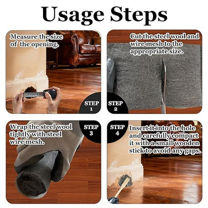 Steel Wool Mice Control - 3 Pack 2.75in x 13ft & 1 Pack Wire Mesh 5in x 15ft, Gap Filler for Pipes Home Garage Garden, DIY Kit with Gloves, Scissors and Wooden Stick