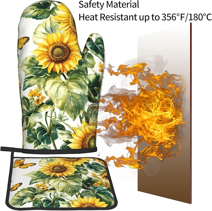 Sunflower Oven Mitts and Pot Holders Spring Summer Kitchen Accessories Set of 2 Floral Plant Botanical Gloves Potholder for Chef Cooking Baking Grilling BBQ