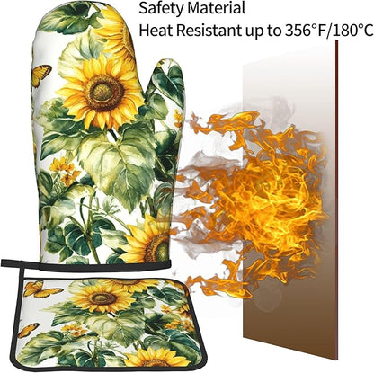 Sunflower Oven Mitts and Pot Holders Spring Summer Kitchen Accessories Set of 2 Floral Plant Botanical Gloves Potholder for Chef Cooking Baking Grilling BBQ