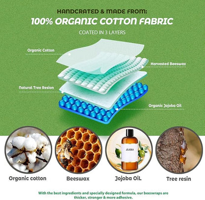 Zelten Beeswax Reusable Food Wraps - (3 Packs, 3 Sizes S,M,L) Plastic and Silicone Free, Eco-friendly Wrap, Wax Paper for Food,Bamboo Palm