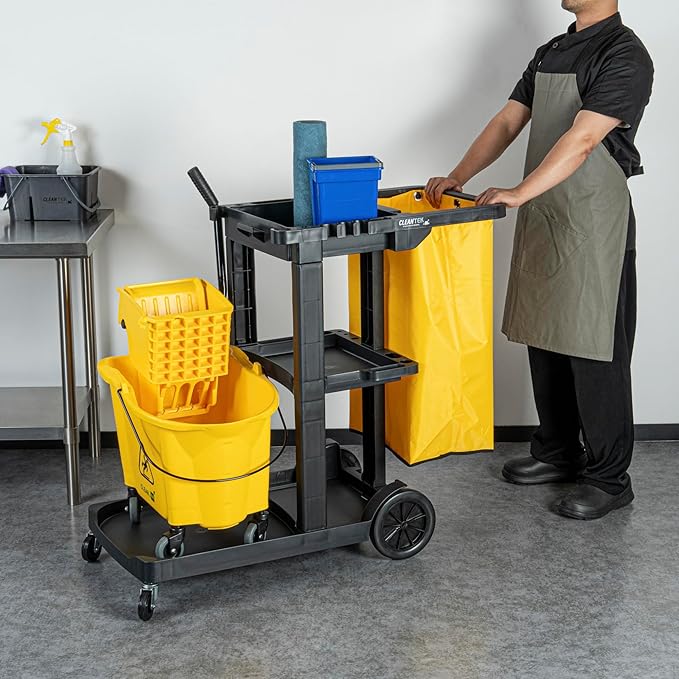 Restaurantware-Clean Tek Professional Janitor Cart with Wheels, 1 Cleaning Trolley with 18 Gallon Bag - 3 Shelves, Heavy-Duty, Black Plastic Commercial Janitorial Cart, for Restaurants