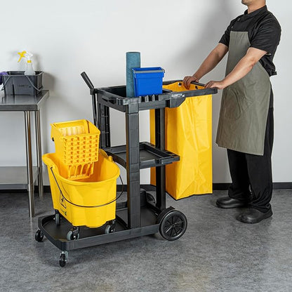 Restaurantware-Clean Tek Professional Janitor Cart with Wheels, 1 Cleaning Trolley with 18 Gallon Bag - 3 Shelves, Heavy-Duty, Black Plastic Commercial Janitorial Cart, for Restaurants