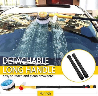 Rotating Car Wash Brush with Soap Dispenser, Automatic Rotary Car Wash Mop Soft Exterior Car Cleaning Brush Kit Garden Hose Flow Through Scrub Brush to Wash Car Truck RV (Long Handle)
