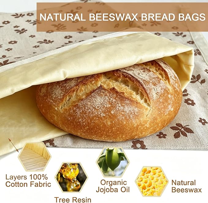 2 Pack Beeswax Bread Bags for Sourdough,Reusable Cotton Beeswax Bag for Homemade Bread,Freezer-Friendly & Freshness Preservation Storage to Keep Fresh
