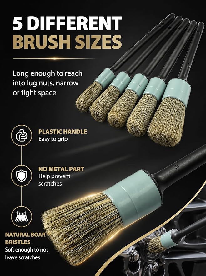 TAKAVU Complete Car Detailing Brush Kit (10 Piece) - Boar Hair Detail, Wire & Vent Brushes with Microfiber Towel for Wheels, Interior, Engine Bay Cleaning