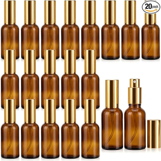 Tessco for you 20 Pcs Glass Spray Bottles Empty Perfume Atomizer Refillable Clear Decorative Empty Bottles with Fine Mist Sprayer Pump for Face Body Travel (Gold Brown,2 oz)