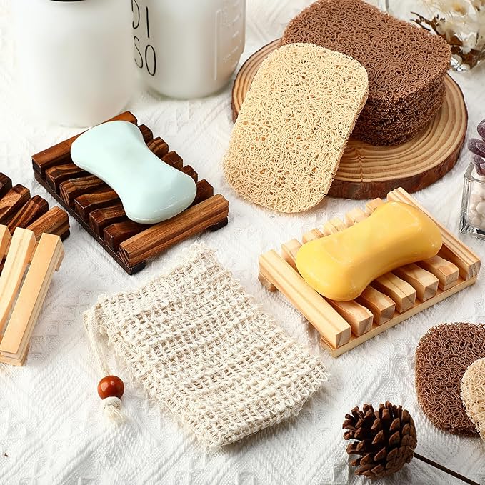 Baderke 36 Pcs Soap Saver Set for Packaging Gift Including Wooden Dish Holder Exfoliating Bag with Drawstring Soap Pads for Mother's Day Bar Wedding Baby Shower Homemade Gift(Mixed Color)