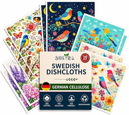 10 PCS Birds Print Swedish Dishcloths for Kitchen 100% Biodegradable, Reusable Cellulose Sponge Cloths Ultra Absorbent, Eco Friendly Cleaning Towels Dishcloths for Washing Dishes & General Cleaning