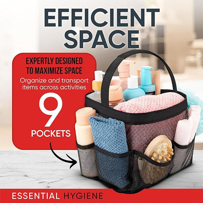 Masirs Shower Caddy Mesh - 9 Pocket Portable Bathroom Organizer Tote for Travel, Gym & Dorm - Collapsible Small Shower Caddy Bag to Hold Toiletries & Essentials (Black)