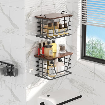 Trash Bag Holders with Wood Top, Large & Small Garbage Bag Dispenser for Kitchen, Pantry, Laundry Room Organization, Wall Mount or Countertop Use, Black Larger
