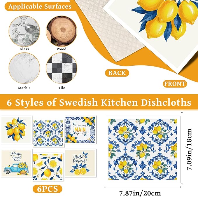 Lemons Swedish Dishcloths for Kitchen, 6 Pack Reusable Tiles Lemons Sponge Cleaning Cloths, Absorbent Dish Cloths Towels Wipes for Summer Kitchen Cooking Home Decoration Housewarming Gifts