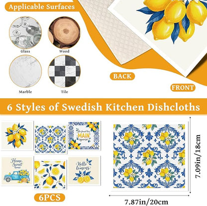 Lemons Swedish Dishcloths for Kitchen, 6 Pack Reusable Tiles Lemons Sponge Cleaning Cloths, Absorbent Dish Cloths Towels Wipes for Summer Kitchen Cooking Home Decoration Housewarming Gifts