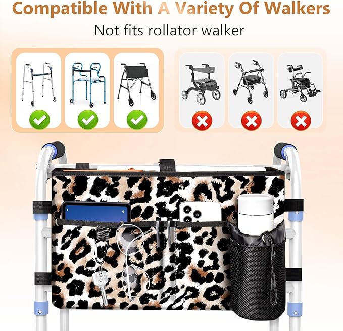 Rhino Valley Walker Bag, Secure Fit Walker Basket with Cup Holder, Large Capacity Walker Accessories for Seniors,Detachable Folding Walker Pouch Organizer for Older Elderly Gifts,Brown Leopard