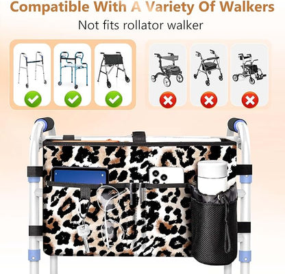 Rhino Valley Walker Bag, Secure Fit Walker Basket with Cup Holder, Large Capacity Walker Accessories for Seniors,Detachable Folding Walker Pouch Organizer for Older Elderly Gifts,Brown Leopard