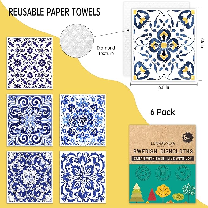Swedish Dishcloths 6 Pack, Reusable Paper Towels Super Absorbent and Quick Drying for Kitchen, Biodegradable Washable Dish Towels Dishwasher Safe, Cleaning Cloths with WaterColor Design (Grid)