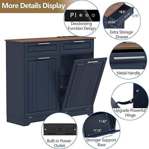 Double 10 Gallon Tilt Out Trash Can Cabinet with Deodorizing Function and Power Outlet, Wooden Hidden Garbage Can Holder with 2 Storage Drawers for Kitchen, Laundry Hamper Cabinet for Bathroom, Blue
