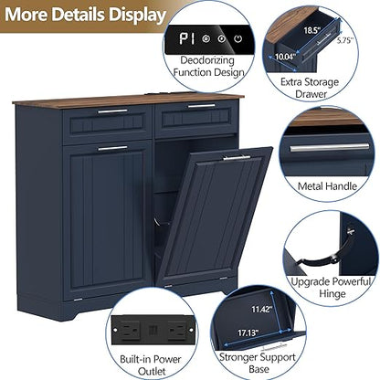 Double 10 Gallon Tilt Out Trash Can Cabinet with Deodorizing Function and Power Outlet, Wooden Hidden Garbage Can Holder with 2 Storage Drawers for Kitchen, Laundry Hamper Cabinet for Bathroom, Blue