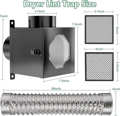 Dryer Lint Trap, Metal Dryer Duct Lint Trap Lint Catcher Collector Box with 90 Degree Dryer Vent Elbow, Secondary laundry lint catcher Connector Kit for Electric Dryer - Easy to Install & Maintain