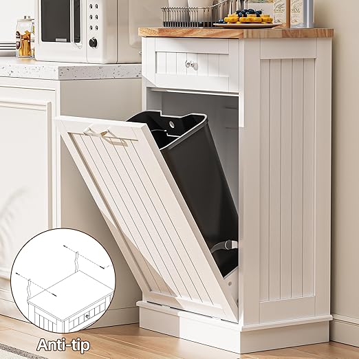 AHB 13 Gallons Tilt Out Trash Cabinet, Hidden Trash Can Cabinet Kitchen Wooden Tilt Out Pet Proof Hidden Trash Bin for Kitchen Living Room, White
